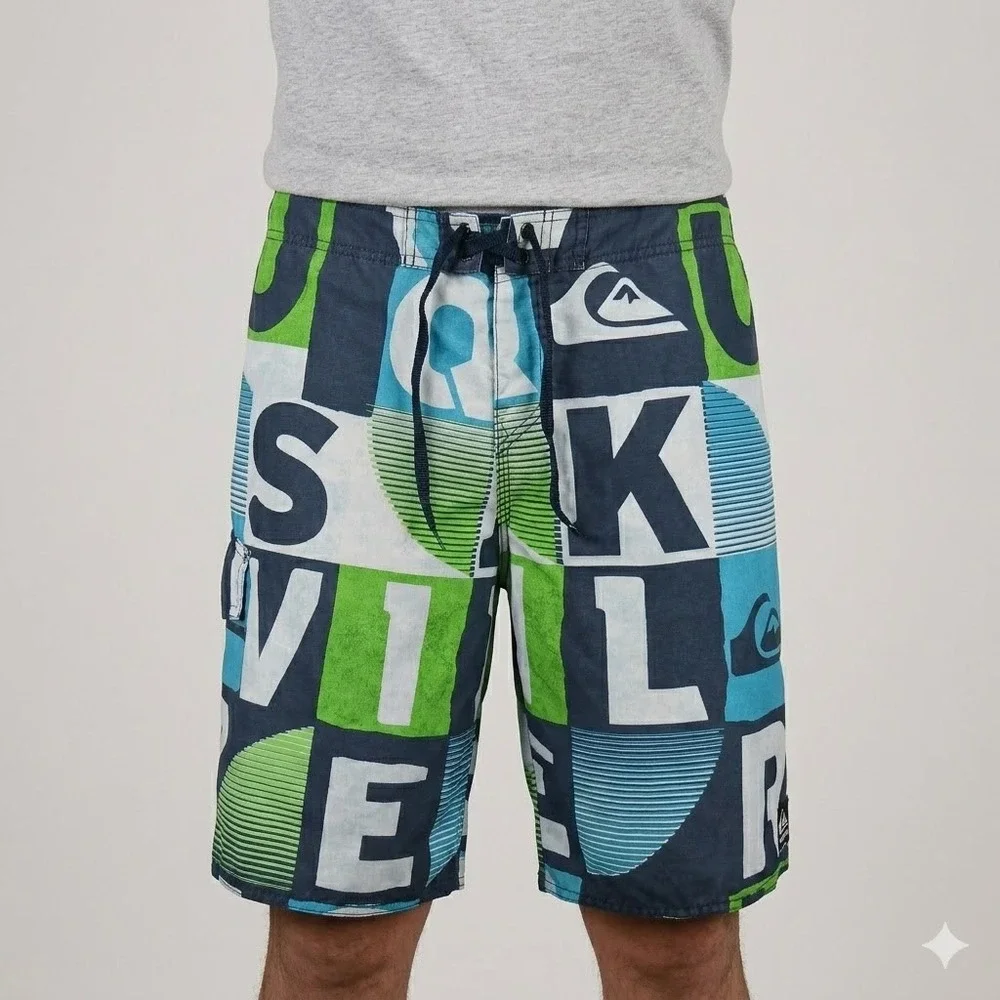 Quiksilver Board Shorts All Over Logo Spellout Swim Trunks Size 28 Blue Lime EUC
